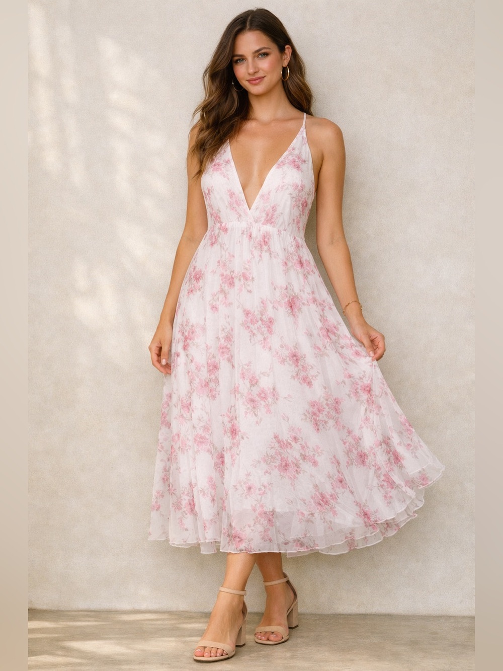 Floral Plunge Neck Pink & White Midi Dress